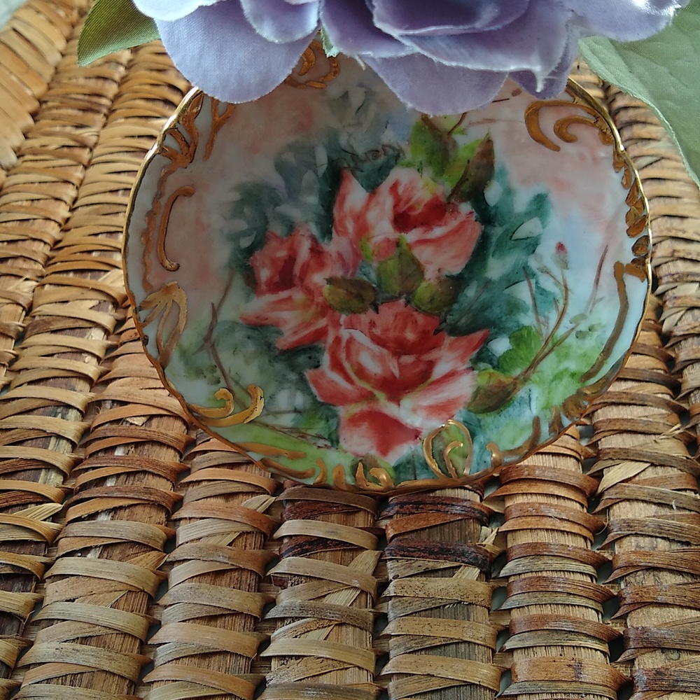 Vintage hand painted flowers handmade trinket catcher plate